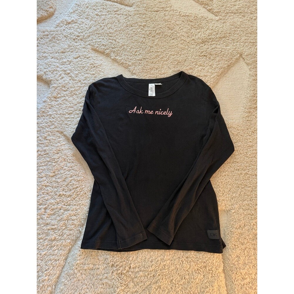 Y2K DKNY Black Long Sleeve Tee Pink Cursive Ask Me Nicely Graphic